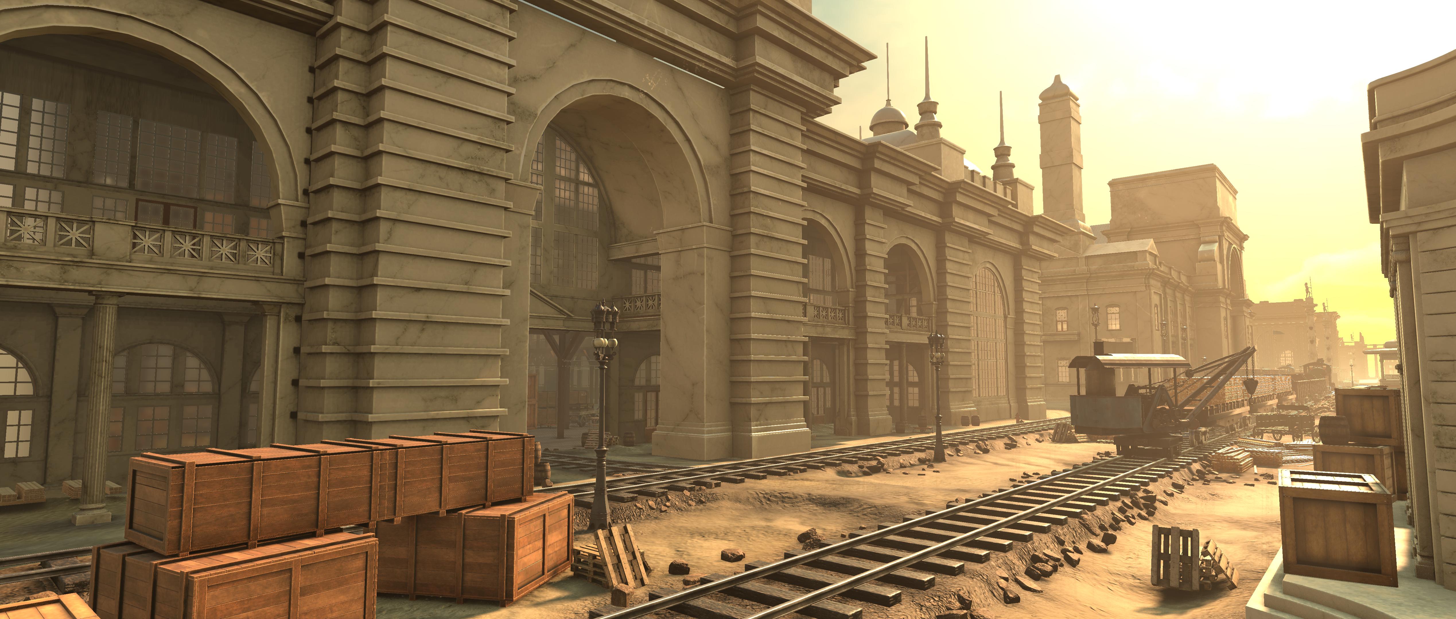 In-game view of the Exposition's domed buildings from the waterfront